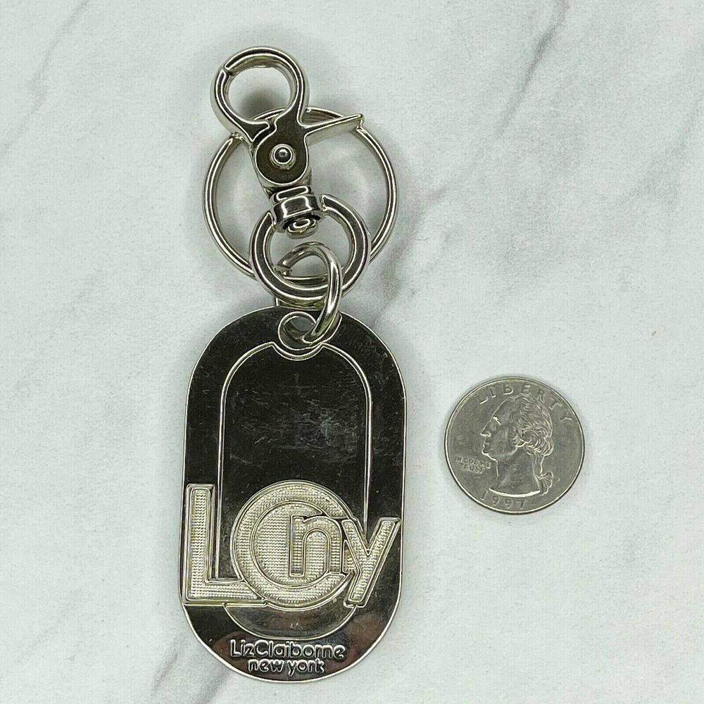 Liz Claiborne Silver Tone Chunky Logo Bag Charm Keyring Keychain